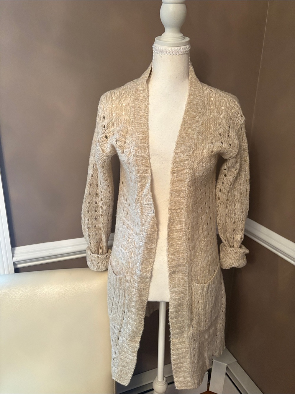 Poof! Beige Open-Front Knit Cardigan with Pockets